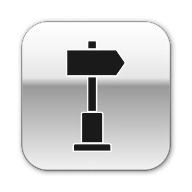 Siyah Yol trafik tabelası. Beyaz arkaplanda sinyal simgesi izole edildi. İşaretçi sembolü. Sokak bilgi tabelası. Yön tabelası. Gümüş kare düğme. Vektör İllüstrasyonu