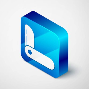 Isometric İsviçre ordu bıçak ikonu gri arka planda izole. Çoklu alet, çok amaçlı çakı. Çok fonksiyonlu bir alet. Mavi kare düğme. Vektör İllüstrasyonu