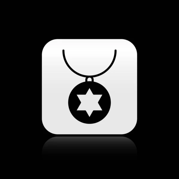 Colar Estrela Negra de David no ícone da cadeia isolado no fundo preto. Religião judaica. Símbolo de Israel. Jóias e acessórios. Botão quadrado de prata. Ilustração vetorial — Vetor de Stock