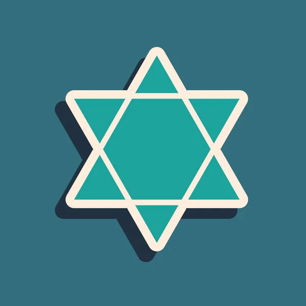 Green Star of David ikonen isolerad på grön bakgrund. Judisk religionssymbol. Israels symbol. Lång skuggstil. Vektor Illustration — Stock vektor