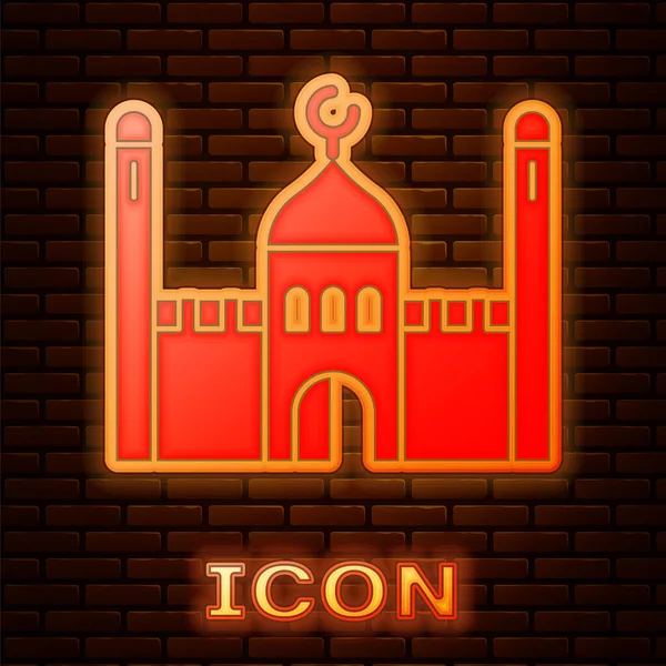 Glowing neon Muslim Mosque icon isolated on brick wall background. Vector Illustration — Stock Vector