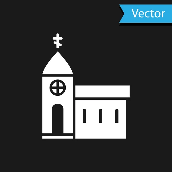 Icono del edificio de la Iglesia Blanca aislado sobre fondo negro. Iglesia Cristiana. Religión de la iglesia. Ilustración vectorial — Vector de stock