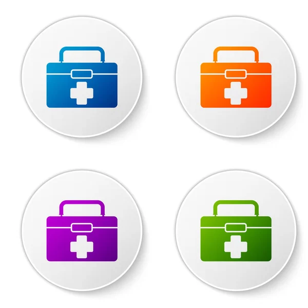 Color First aid kit icon isolated on white background. Medical box with cross. Medical equipment for emergency. Healthcare concept. Set icons in circle buttons. Vector Illustration — Stock Vector