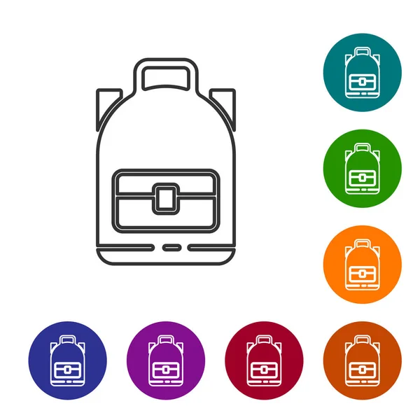 Linha preta Caminhadas ícone mochila isolada no fundo branco. Camping e montanha explorando mochila. Definir ícones em botões de círculo de cores. Ilustração vetorial —  Vetores de Stock