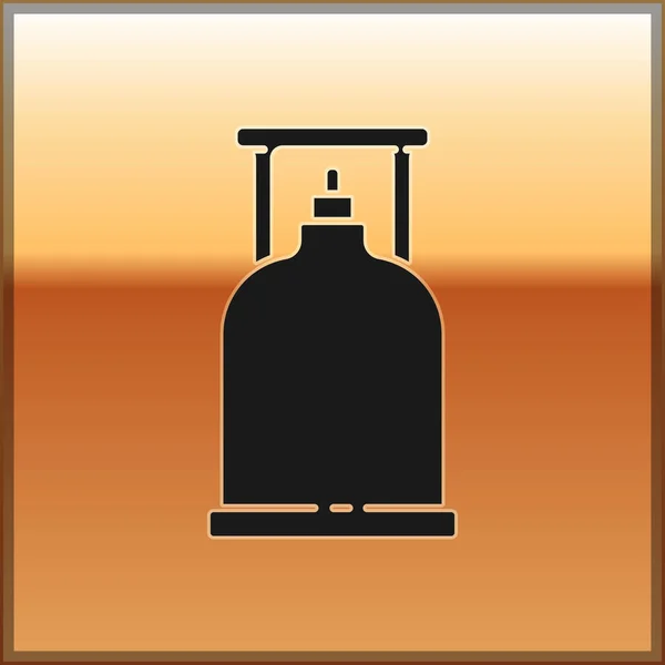 Negro icono de la estufa de gas Camping aislado sobre fondo dorado. Quemador de gas portátil. Senderismo, equipo de camping. Ilustración vectorial — Vector de stock