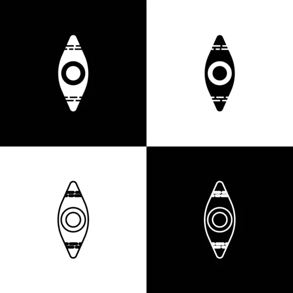 Установить Kayak и весло значок изолированы на черно-белом фоне. Каяк и каноэ для рыбалки и туризма. Мероприятия на свежем воздухе. Векторная миграция — стоковый вектор