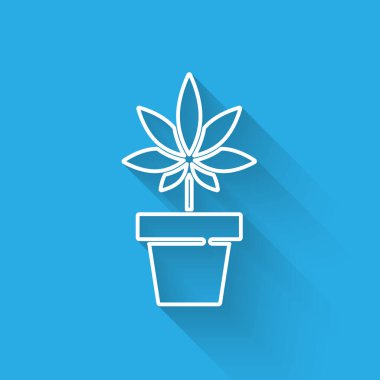 Beyaz çizgi medikal marihuana ya da esrar bitkisi. Esrar ikonunda uzun gölgeli. Esrar yetiştirme konsepti. Kenevir saksısı. Vektör İllüstrasyonu