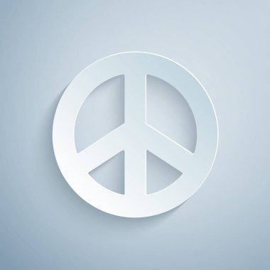 Kağıt kesiği, gri arka planda izole edilmiş barış simgesi. Hippi barış sembolü. Kağıt sanatı tarzı. Vektör İllüstrasyonu