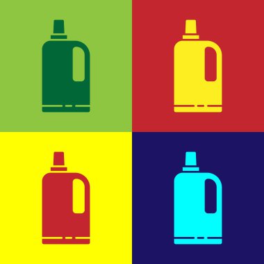 Pop art Kumaş yumuşatıcı simgesi renk arkaplanında izole edildi. Sıvı çamaşır deterjanı, saç kremi, temizlik maddesi, çamaşır suyu. Vektör İllüstrasyonu
