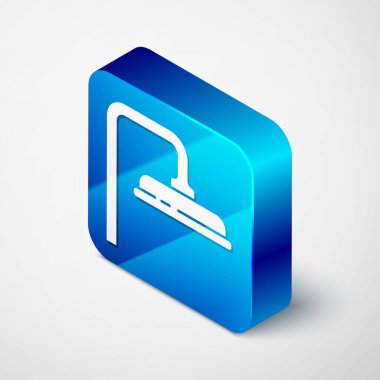 Gri arkaplanda su damlaları akan ikon içeren Isometric duş başlığı. Mavi kare düğme. Vektör İllüstrasyonu