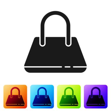 Beyaz arkaplanda siyah çanta simgesi izole edildi. Kadın el çantası işareti. Glamour günlük bagaj sembolü. Renkli kare düğmelerle simgeleri ayarla. Vektör İllüstrasyonu