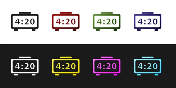 Set Icono de despertador digital aislado sobre fondo blanco y negro. Reloj despertador electrónico. Icono de tiempo. Ilustración vectorial — Archivo Imágenes Vectoriales