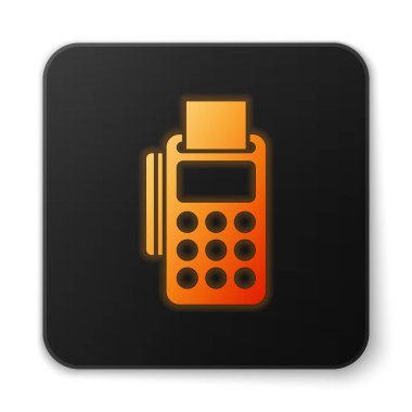 Parlak turuncu POS terminali, beyaz arkaplanda izole edilmiş eklenmiş kredi kartı ve yazdırılmış alıcı simgesi var. NFC ödeme konsepti. Siyah kare düğme. Vektör İllüstrasyonu
