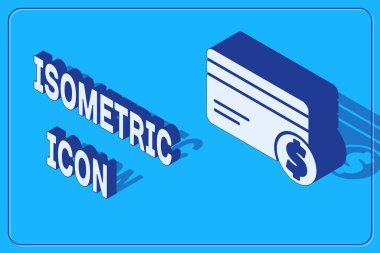 Isometric kredi kartı ve dolar sembolü mavi arka planda izole edilmiş. Çevrimiçi ödeme. Nakit çekilmesi. Finansal operasyonlar. Vektör İllüstrasyonu