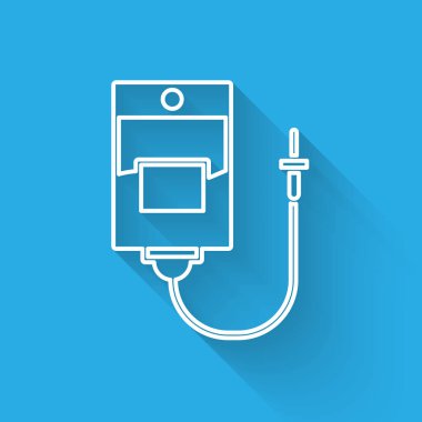 Beyaz çizgi IV çanta ikonu uzun gölgeli izole edilmiş. Kan torbası. Kan bağışı konsepti. Tedavi ve terapi kavramı, kemoterapi. Vektör İllüstrasyonu