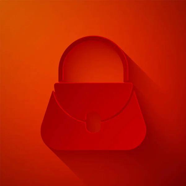 Papel corte Handbag ícone isolado no fundo vermelho. Sinal de mala feminina. Glamour símbolo de bagagem casual. Estilo de arte de papel. Ilustração vetorial —  Vetores de Stock