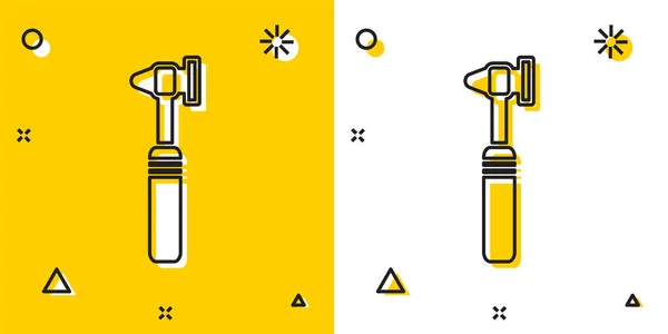 Czarny Medyczny otosskop narzędzie ikona odizolowany na żółty i biały tło. Instrument medyczny. Przypadkowe dynamiczne kształty. Ilustracja wektora — Wektor stockowy
