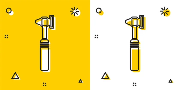 Ícone de ferramenta do otoscópio médico preto isolado no fundo amarelo e branco. Instrumento médico. Formas dinâmicas aleatórias. Ilustração vetorial — Vetor de Stock