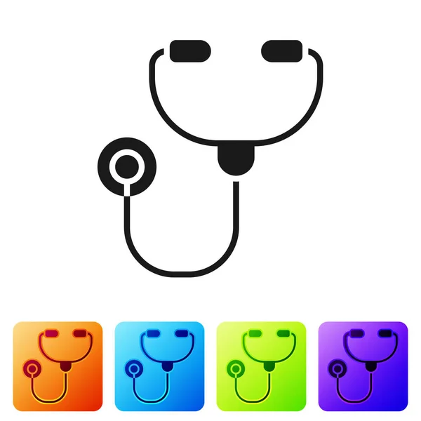 Černá stetoskop lékařské nástroje ikona izolované na bílém pozadí. Nastavit ikony v barevných čtvercových tlačítcích. Vektorová ilustrace — Stockový vektor