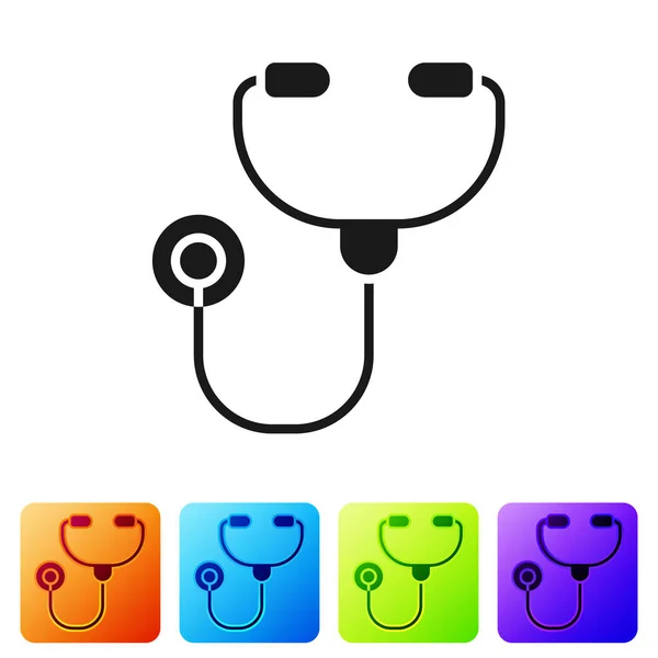 Black Stethoscope medical instrument icon isolated on white background. Set icons in color square buttons. Vector Illustration — Stock Vector