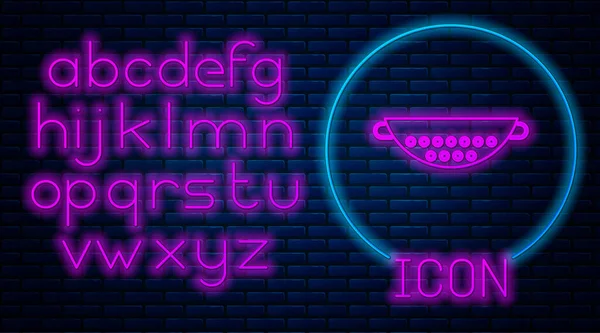 Gloeiende neon keuken vergiet pictogram geïsoleerd op baksteen muur achtergrond. - Kookgerei. Bestekbord. Neon licht alfabet. Vector Illustratie — Stockvector