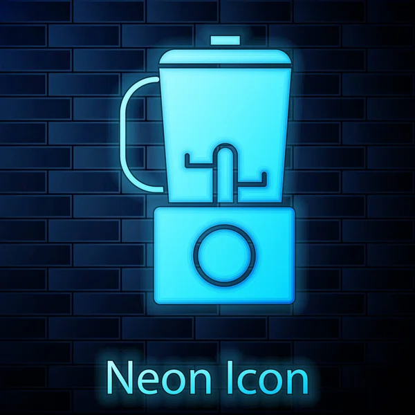 Leuchtende Neon Blender Symbol isoliert auf Backsteinwand Hintergrund. Elektrischer Küchenmixer mit Schüssel. Smoothies, Cocktails oder Saft kochen. Vektorillustration — Stockvektor
