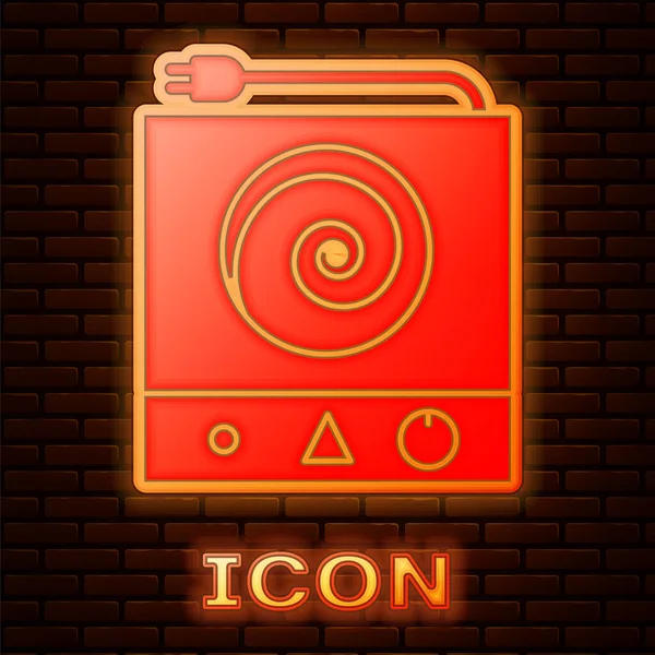 Icono de estufa eléctrica de neón brillante aislado en el fondo de la pared de ladrillo. Signo de cocina. Hob con cuatro quemadores de círculo. Ilustración vectorial — Vector de stock