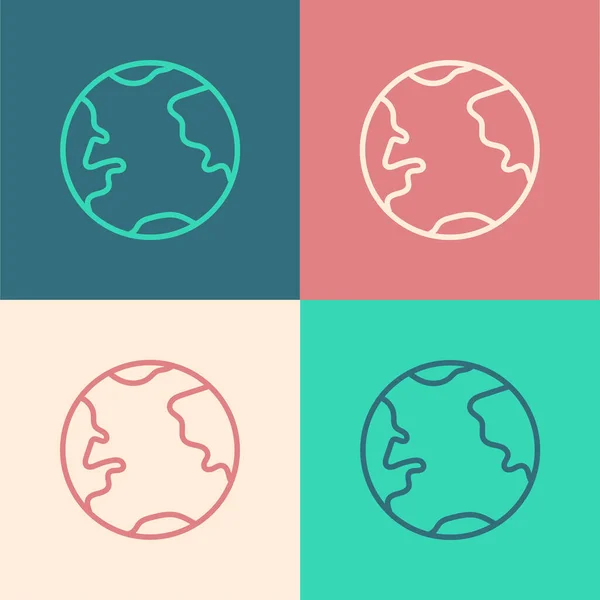 ポップアートライン地球の地球のアイコンは、色の背景に隔離されました。世界や地球の標識。世界的なインターネットシンボル。幾何学的形状。ベクターイラスト — ストックベクタ
