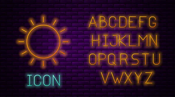 Glowing neon line Sun icon isolated on brick wall background. Summer symbol. Good sunny day. Neon light alphabet. Vector Illustration — Stock Vector