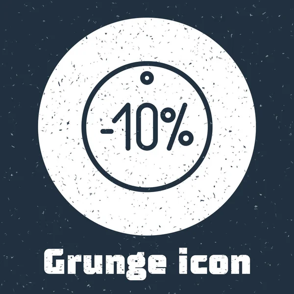 Grunge line Diez icono de etiqueta por ciento de descuento aislado sobre fondo gris. Señal de etiqueta de compra. Señal de oferta especial. Cupones de descuento símbolo. Dibujo vintage monocromo. Ilustración vectorial — Vector de stock