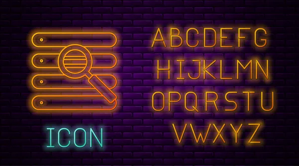 Leuchtende Leuchtreklame Suchen Sie in einem Browserfenster Icon isoliert auf Backsteinwand Hintergrund. Neonlicht-Alphabet. Vektorillustration — Stockvektor