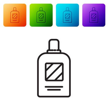 Beyaz arka planda izole edilmiş siyah çizgi şampuan ikonu. Renkli kare düğmelerle simgeleri ayarla. Vektör İllüstrasyonu