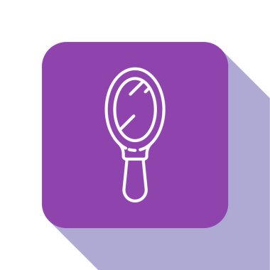 Beyaz çizgi El ayna simgesi beyaz arkaplanda izole edildi. Mor kare düğme. Vektör İllüstrasyonu