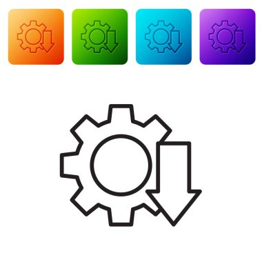 Siyah çizgi Maliyet azaltma simgesi beyaz arkaplanda izole edildi. Renkli kare düğmelerle simgeleri ayarla. Vektör İllüstrasyonu