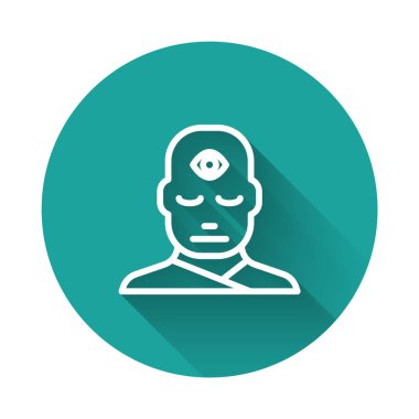 Üçüncü göz ikonuna sahip beyaz çizgi adamı uzun gölgeyle izole edildi. Meditasyon konsepti, enerji vizyonu, aura. Yeşil daire düğmesi. Vektör İllüstrasyonu