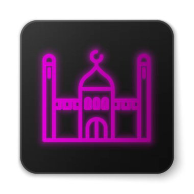 Parlayan neon hattı Müslüman cami simgesi beyaz arka planda izole edildi. Siyah kare düğme. Vektör İllüstrasyonu