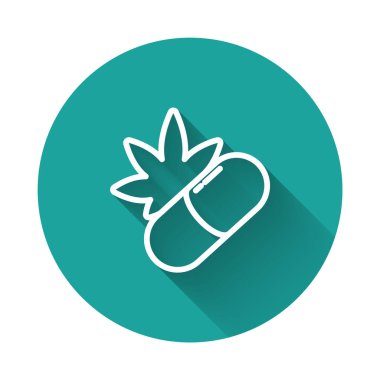 Esrarlı beyaz çizgi tıbbi haplar veya uzun gölgeli kenevir yaprağı ikonu. Kavanozlardaki kenevir yağı özlerini taklit et. Yeşil daire düğmesi. Vektör İllüstrasyonu