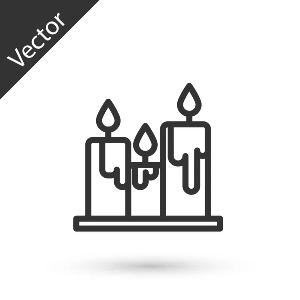 Graue Linie Brennende Kerzen Icon isoliert auf weißem Hintergrund. Zylindrischer Kerzenstock mit brennender Flamme. Vektorillustration — Stockvektor