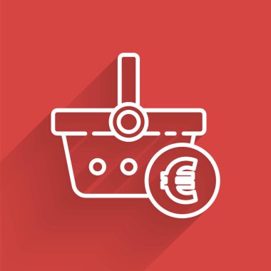 Beyaz çizgi alışveriş sepeti ve avro sembolü uzun gölgeli izole edilmiş. İnternetten satın alma konsepti. Teslimat servisi. Alışveriş arabası. Vektör İllüstrasyonu