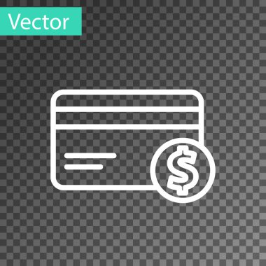 Beyaz çizgi kredi kartı ve dolar sembolü, şeffaf arka planda izole edilmiş. Çevrimiçi ödeme. Nakit çekilmesi. Finansal operasyonlar. Vektör İllüstrasyonu