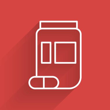 Beyaz çizgi ilaç şişesi ve uzun gölgeli ilaç ikonu. Şişe hapı işareti. Eczane tasarımı. Vektör İllüstrasyonu