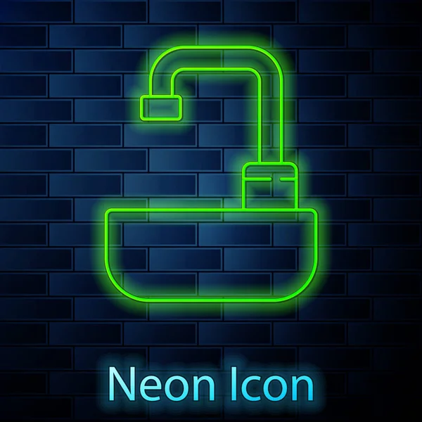 Leuchtende Neon-Linie Waschbecken mit Wasserhahn-Symbol isoliert auf Backsteinwand Hintergrund. Vektorillustration — Stockvektor