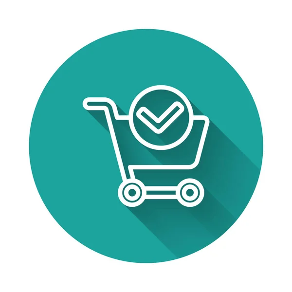 Línea blanca Carrito de compras con icono de marca de verificación aislado con sombra larga. Cesta de supermercado con aprobado, confirmar, marcar, completado. Botón círculo verde. Ilustración vectorial — Archivo Imágenes Vectoriales