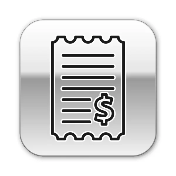 Línea negra Comprobación de papel e icono de verificación financiera aislados sobre fondo blanco. Comprobación de impresión de papel, recibo de la tienda o factura. Botón cuadrado plateado. Ilustración vectorial — Archivo Imágenes Vectoriales