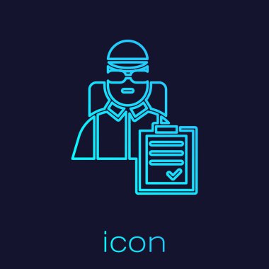 Mavi arka planda karton kutu ikonu olan turkuaz hat teslimatçısı. Kuryeyle kapı kapı dolaşacağız. Vektör İllüstrasyonu.