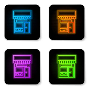 Parlayan neon alışveriş binası veya market simgesi beyaz arka planda izole edildi. Dükkan inşaatı. Siyah kare düğme. Vektör İllüstrasyonu.