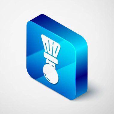 Gri arkaplanda Isometric tıraş fırçası simgesi izole edildi. Berber dükkanı sembolü. Mavi kare düğme. Vektör İllüstrasyonu.