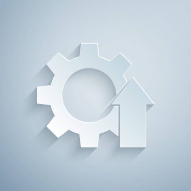 Kağıt kesiği Arrow büyüme vitesi iş simgesi gri arka planda izole. Üretkenlik simgesi. Kağıt sanatı tarzı. Vektör İllüstrasyonu.