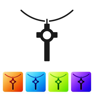 Siyah Hıristiyan haçı beyaz arka planda izole edilmiş bir simge. Kilise haçı. Renkli kare düğmelerle simgeleri ayarla. Vektör İllüstrasyonu.