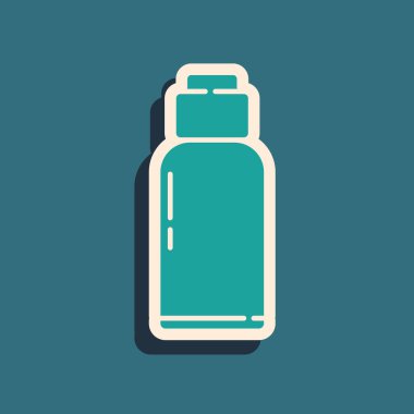 Yeşil kantin su şişesi simgesi yeşil arka planda izole edildi. Turist matarası ikonu. Kampanyada bir kavanoz su kullanıldı. Uzun gölge tarzı. Vektör İllüstrasyonu.